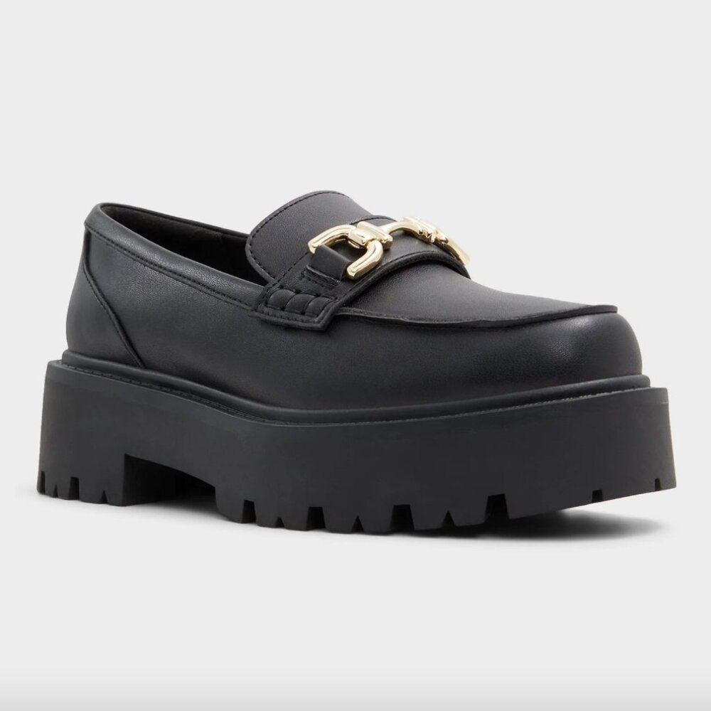 NEW Women's Size 5 ALDO Black Round Toe Lug Sole Oneameth Platform Loafer Shoes